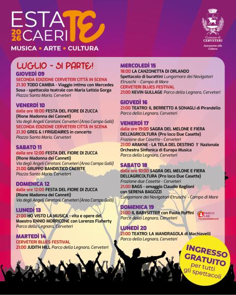 Estate Caerite 2026 - Programma dal 9 al 21 luglio